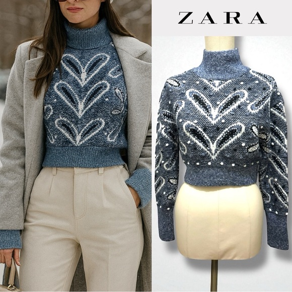 295 ZARA | NWOT Turkey Blue White Heart Knit Cropped Turtleneck Sweater (Size S) - Picture 1 of 13